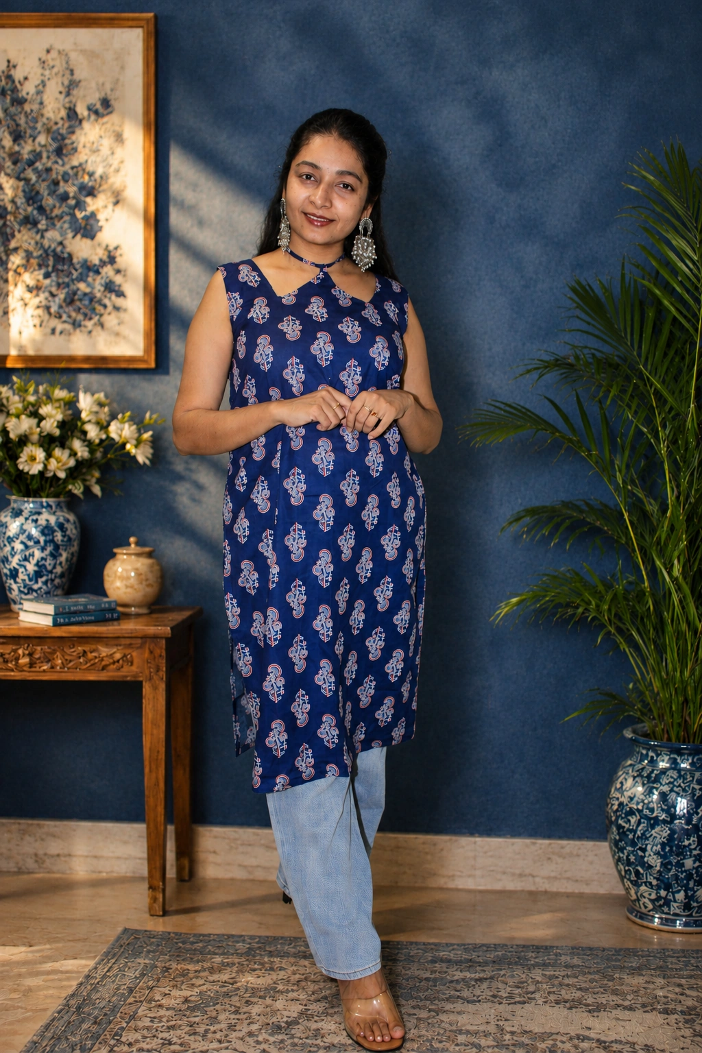 Naira Navy Paisley Printed Sleeveless Kurta 💙